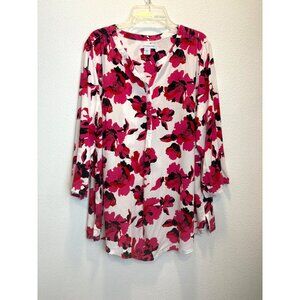 Liz Claiborne Womens Floral Tunic Blouse XL White Pink Black 3/4 Sleeve Work